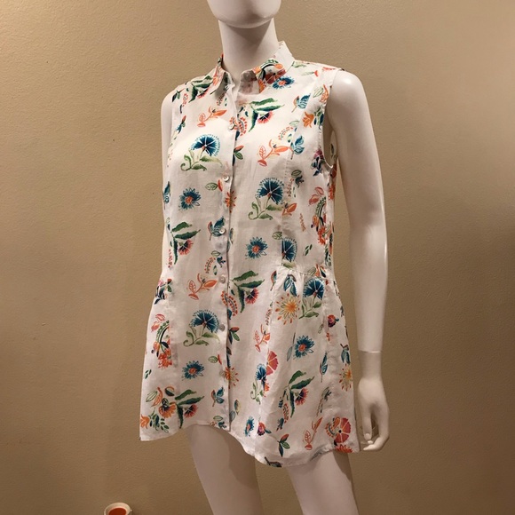 J Jill Love Linen Sleeveless Blouse Size XS Oversized White Floral Button Up - Picture 14 of 16